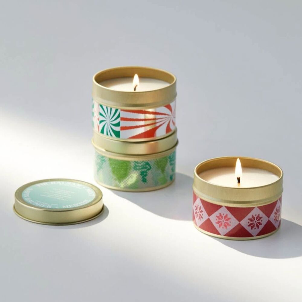 UO Candle Set of 3 Holiday Artist Tin-Peppermint Cranberry Fig & Balsam Soy NEW